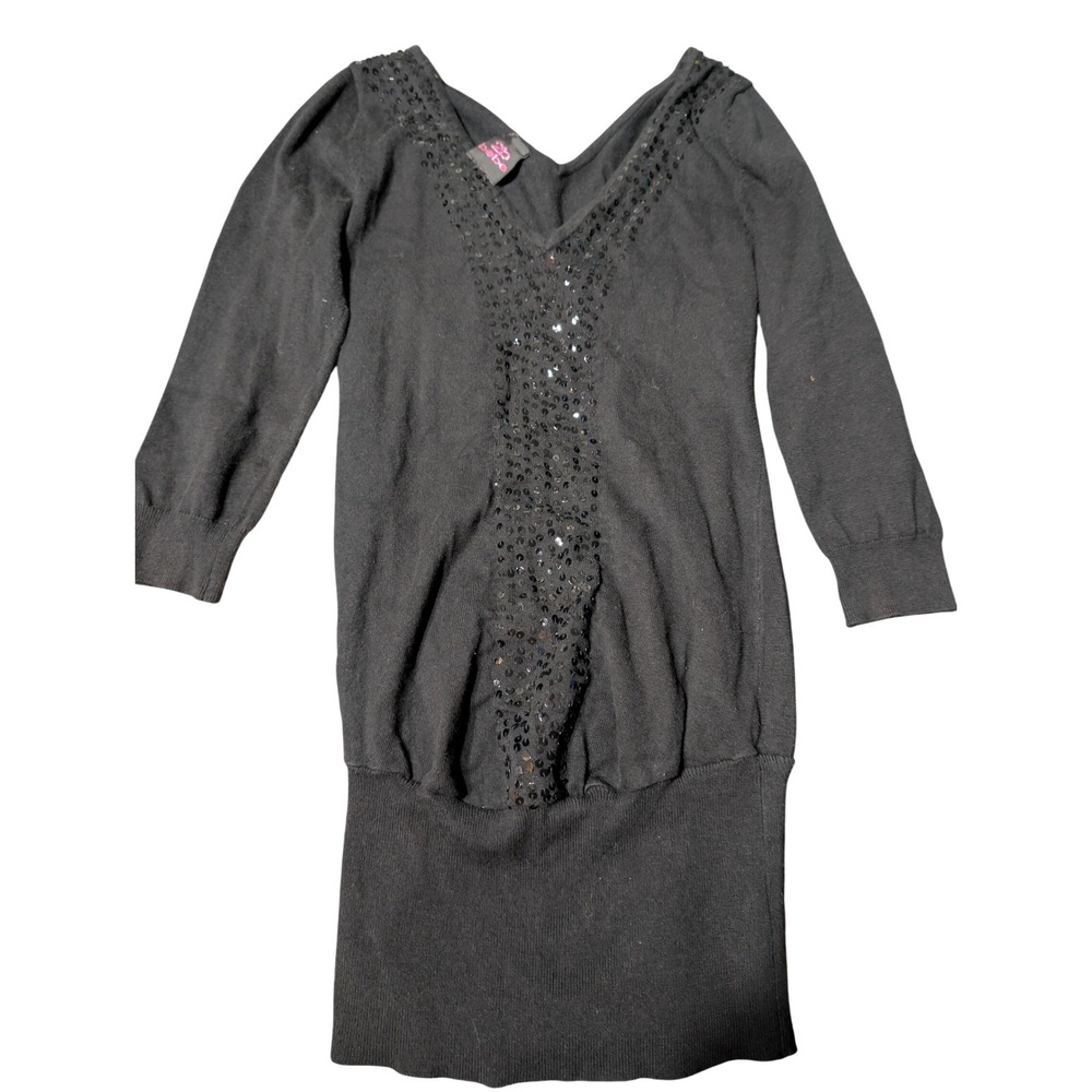 2b Bebe Womens Black Sequin V-Neck Knit Tunic Sweater 3/4 Sleeve Ribbed Hem A4